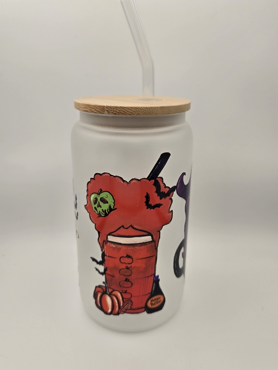 Erins Lovely Creations Other - Frosted Halloween Glass Tumbler with Bamboo Lid and Straw - Red & Green Accents